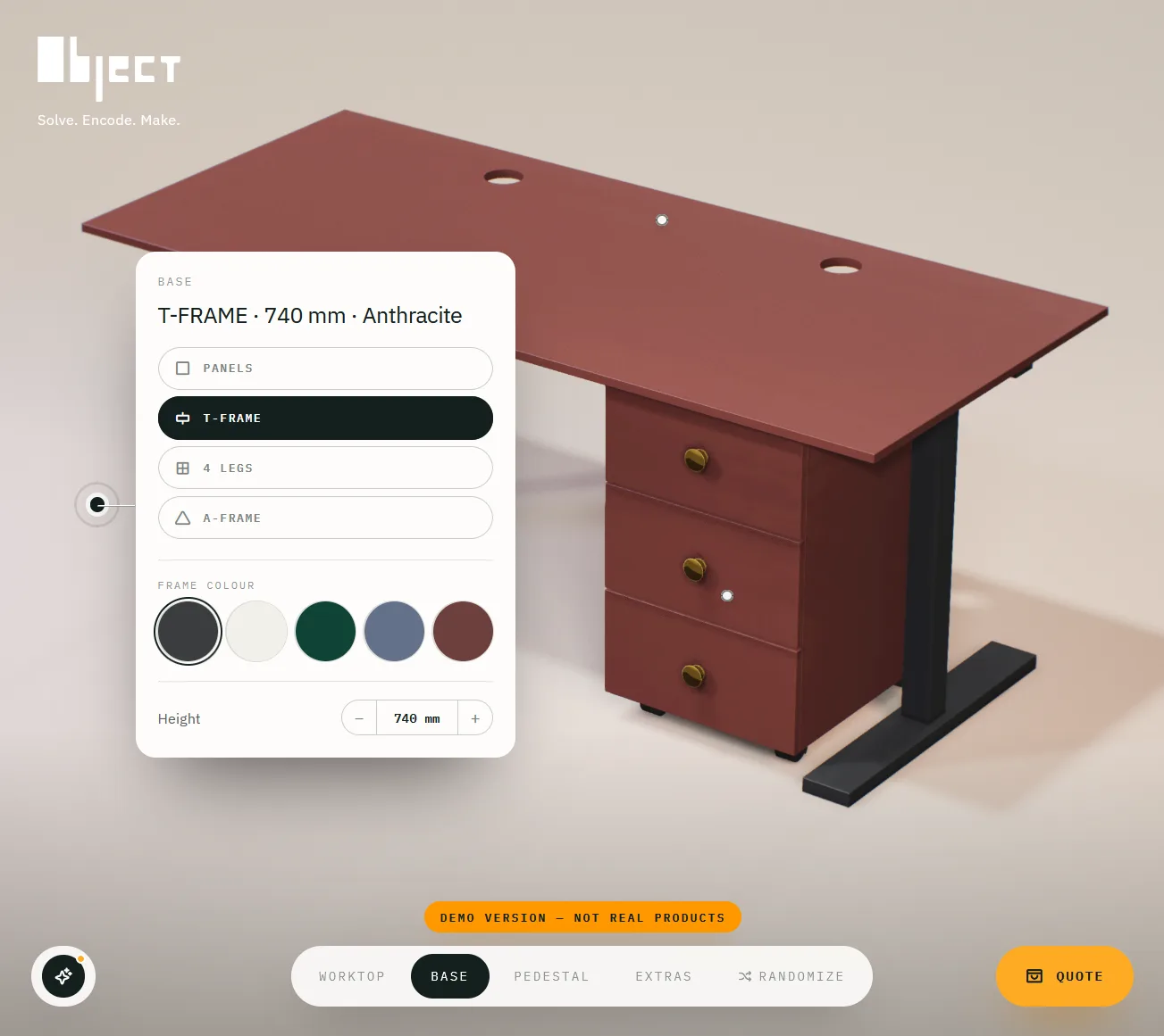 Desk configurator with a desk, a pedestal and the panel of base options