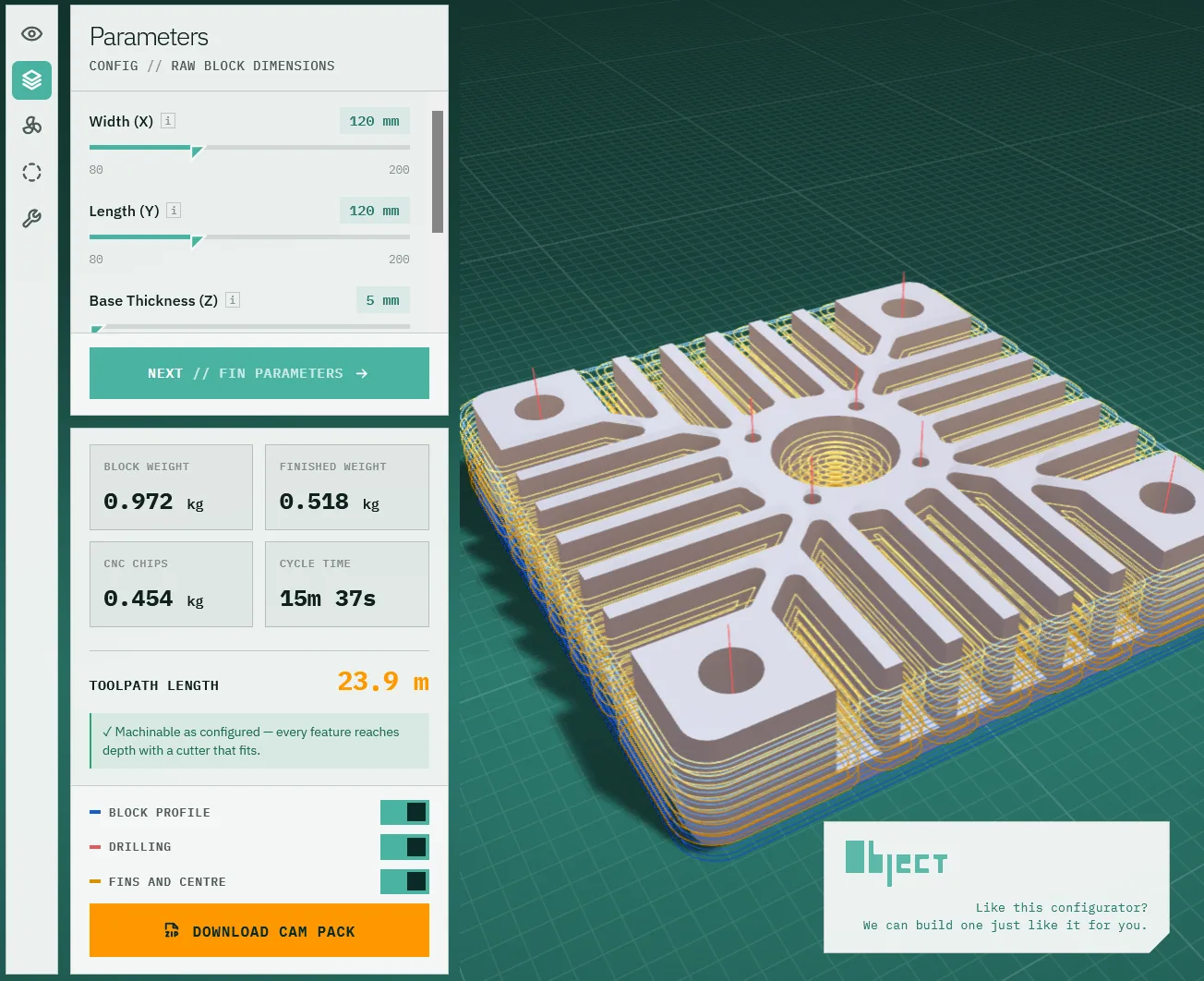 Heatsink configurator with parameters, weights, cycle time and a milled block with toolpaths